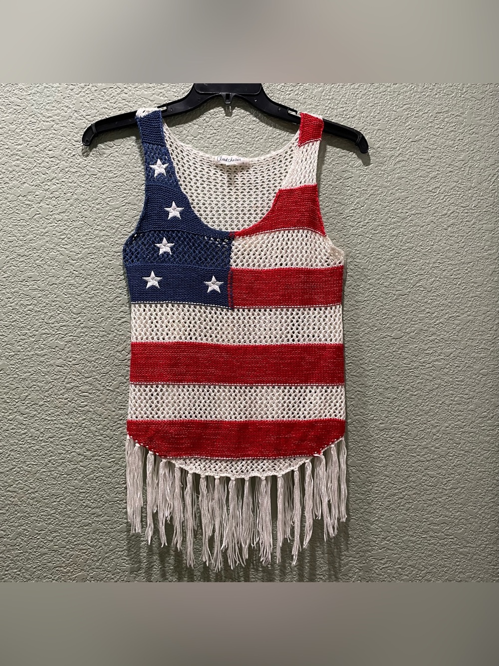 Cloud Chaser USA Flag Patriot Fringe Knit Crotchet Tank Top Sz S Beach Pool Camp